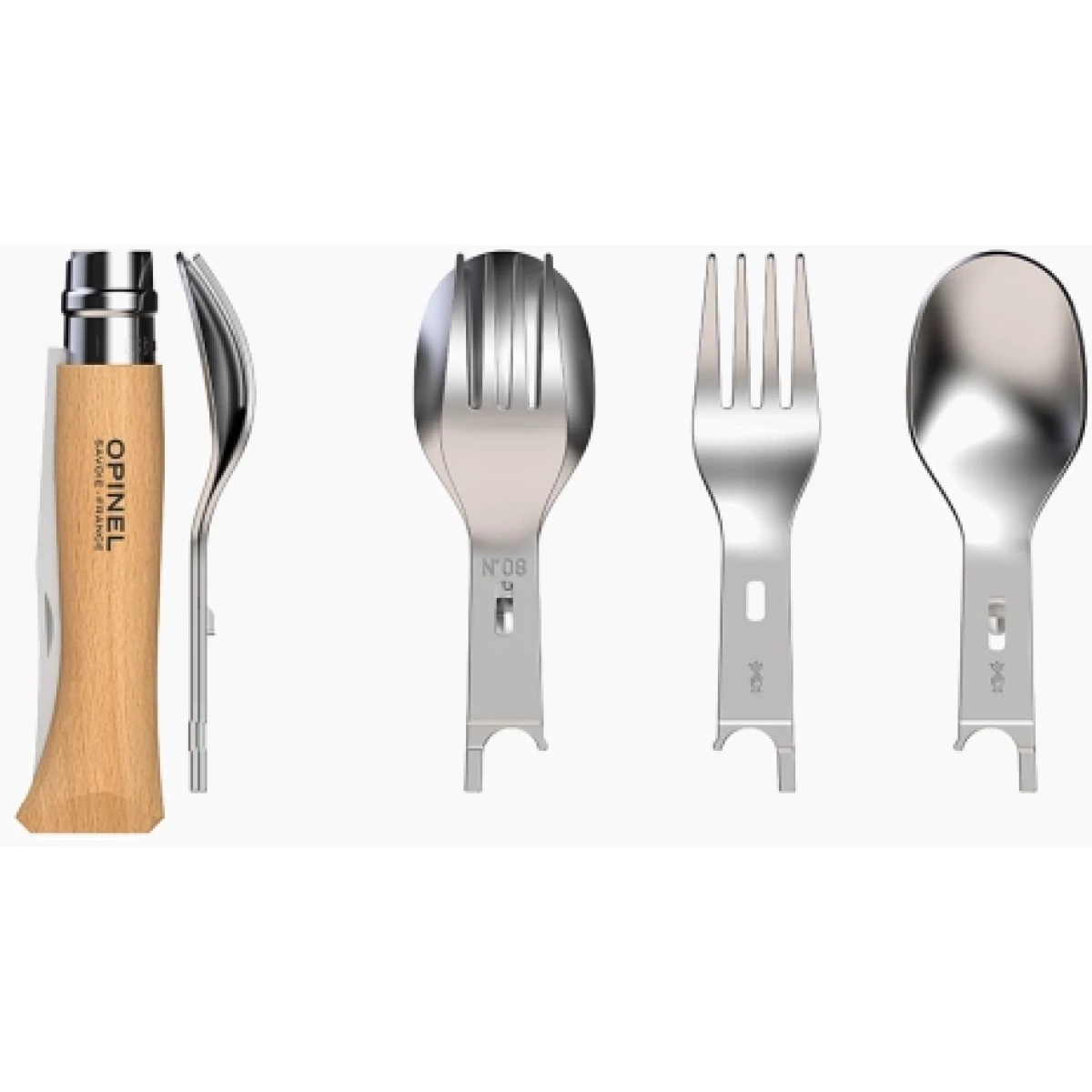 Image of Opinel Picnic + Set with Stainless Steel Knife No. 8, Fork, Spoon and Microfibre Towel Case