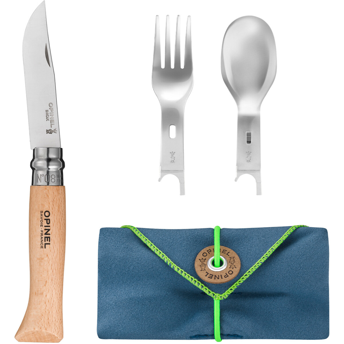 Image of Opinel Picnic + Set with Stainless Steel Knife No. 8, Fork, Spoon and Microfibre Towel Case