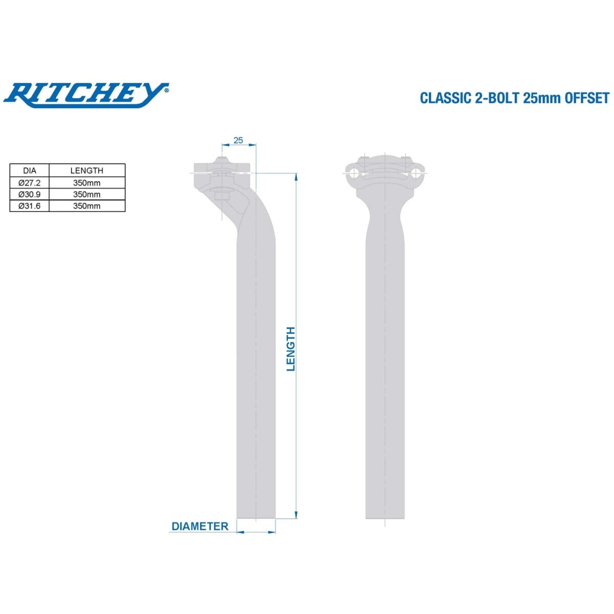 Image of Ritchey Seatpost Classic 2-Bolt V2 /30.9mm/350mm/AL2014/3D Forged/25mm Offset/Laser Logo