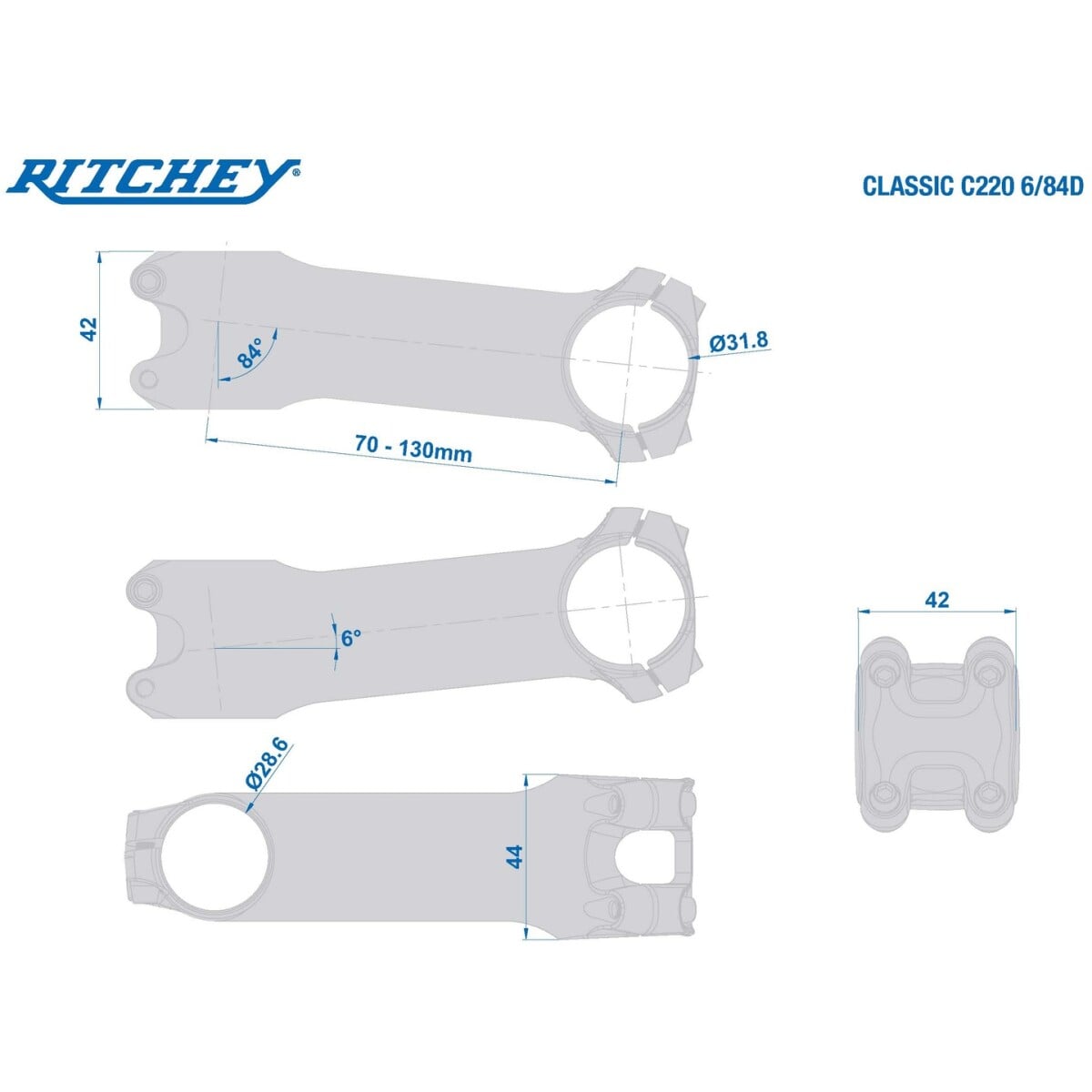 Image of Ritchey C220 Classic Stem 1-1/8in Steerer / 31.8mm Clamp 6 Degree Polished Silver