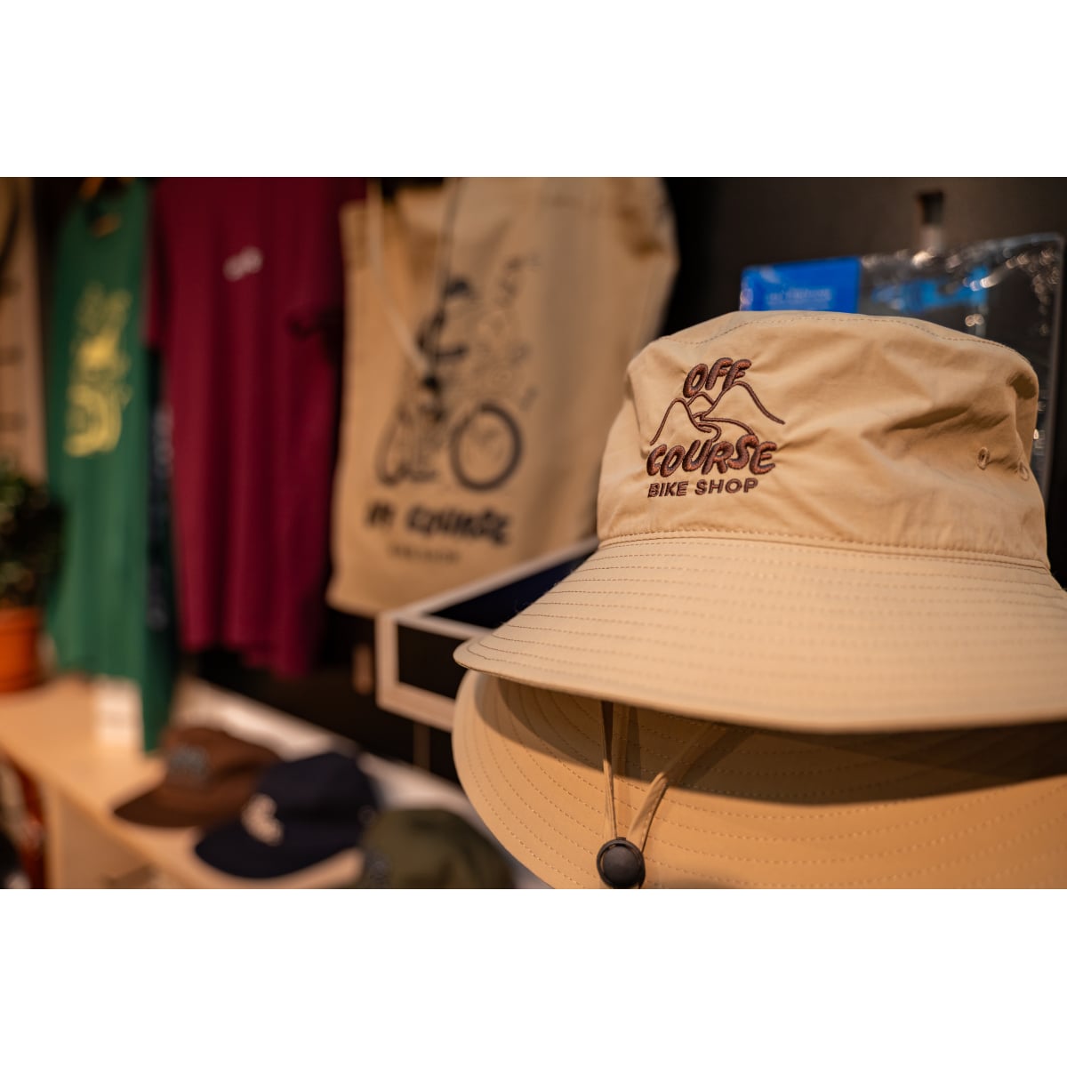 Image of Off Course Bike Shop Wide Brim Nylon Bucket Hat - Embroided Khaki