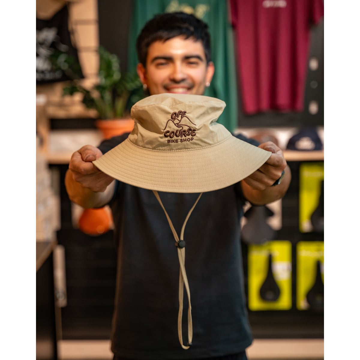Image of Off Course Bike Shop Wide Brim Nylon Bucket Hat - Embroided Khaki