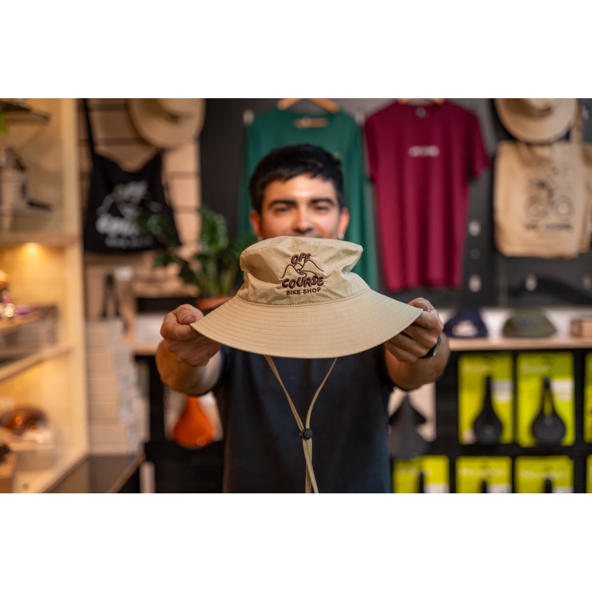 Image of Off Course Bike Shop Wide Brim Nylon Bucket Hat - Embroided Khaki