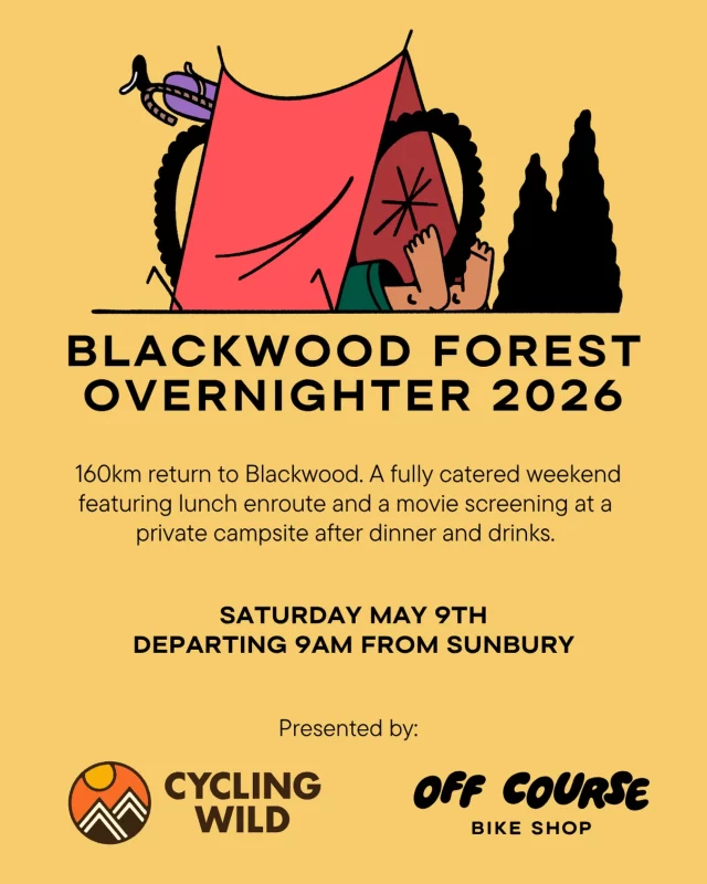 🏕️Back for 2026 is the Blackwood Forest Overnighter!🏕️
Join us as @cyclingwild and @willatlarge host a fun filled, fully catered weekend exploring the lovely mixed surface backroads through Blackwood Forest.

80k’s per day starting and finishing in Sunbury.
With an emphasis on a chill pace, you’ll be greeted by pop-up feed stations pumping out snacks, lunch and tunes along the way!

When arriving at the private camp, you’ll find an amenities hall, toilets and showers, with crew already getting dinner, drinks and campfires prepared✨

After dinner, there’ll be a movie night (bike themed of course!) as well as drinks from Inner North Brewery as well as a selection of non-alcoholic beverages.

Visit the link in bio 🔗 for info and tickets, and more via @cyclingwild 

*Please note*
@cyclingwild is currently on tour, guiding the Ikara Bikepacking Expedition, all emails and correspondence will be answered once back April 7th.

https://offcourse.bike/blog/2026/blackwood-forest-overnighter-2026/

www.cyclingwild.com.au